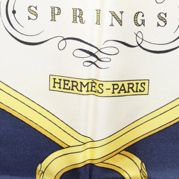 HERMES Carre 90 Scarf ""SPRINGS"" Silk Navy White Auth - Picture 9 of 16